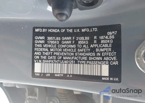 2018 Honda Civic Ex-L from USA, damaged, VIN SHHFK7H71JU401251